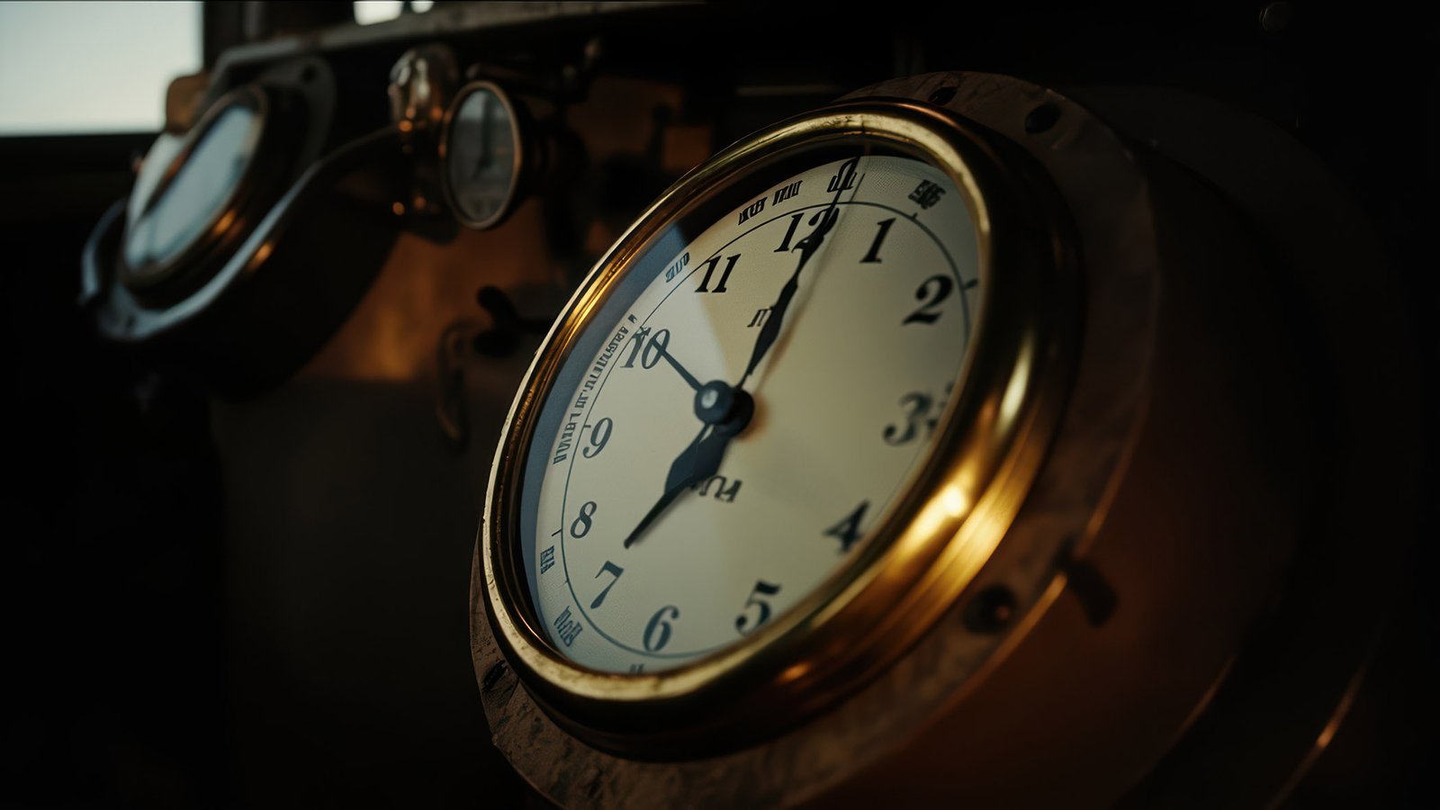 Borduhr mit Messingrahmen 19:00