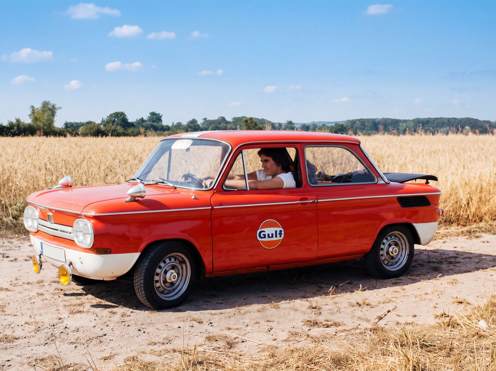 NSU 1100 TT, orange, mit Fahrer