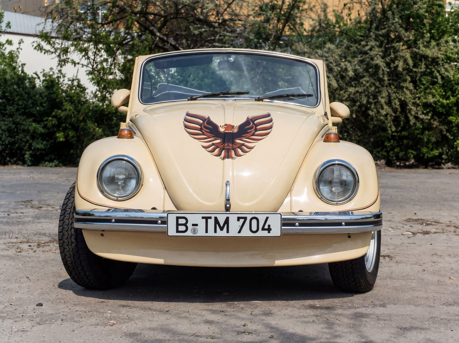 VW Käfer Cabrio von vorne beige mit Adleremblem