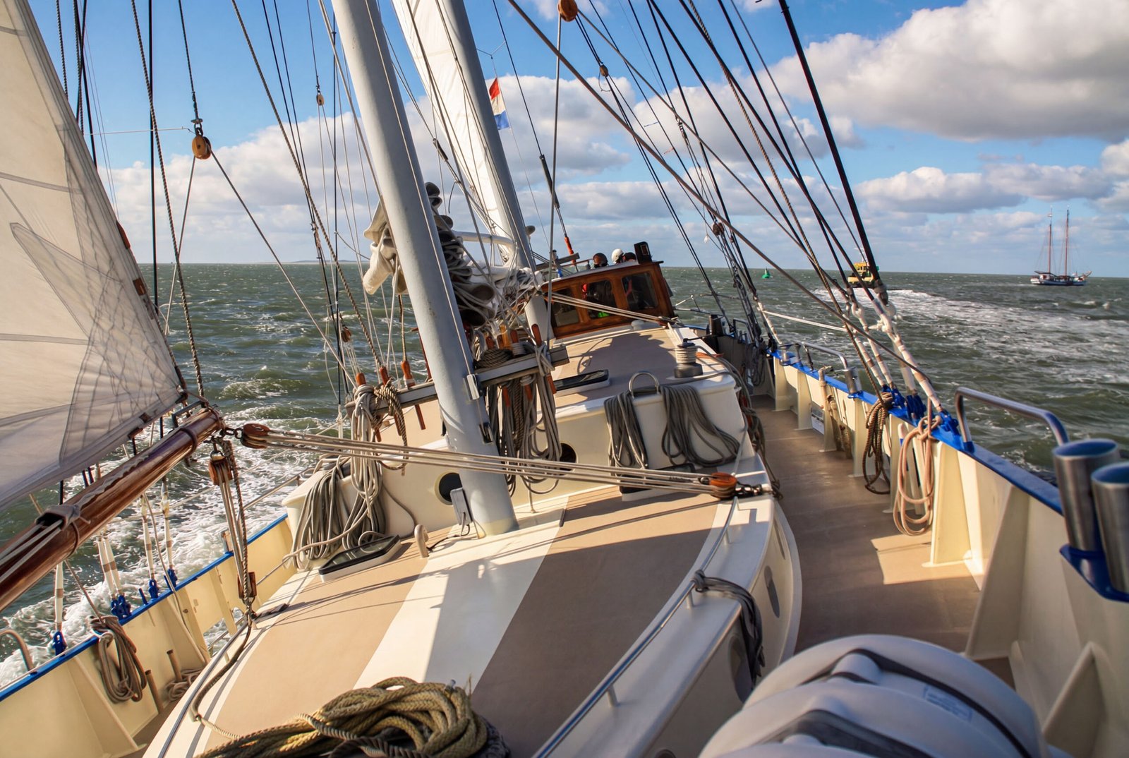 An Deck eine Traditionssegelschiffes auf der Nordsee
