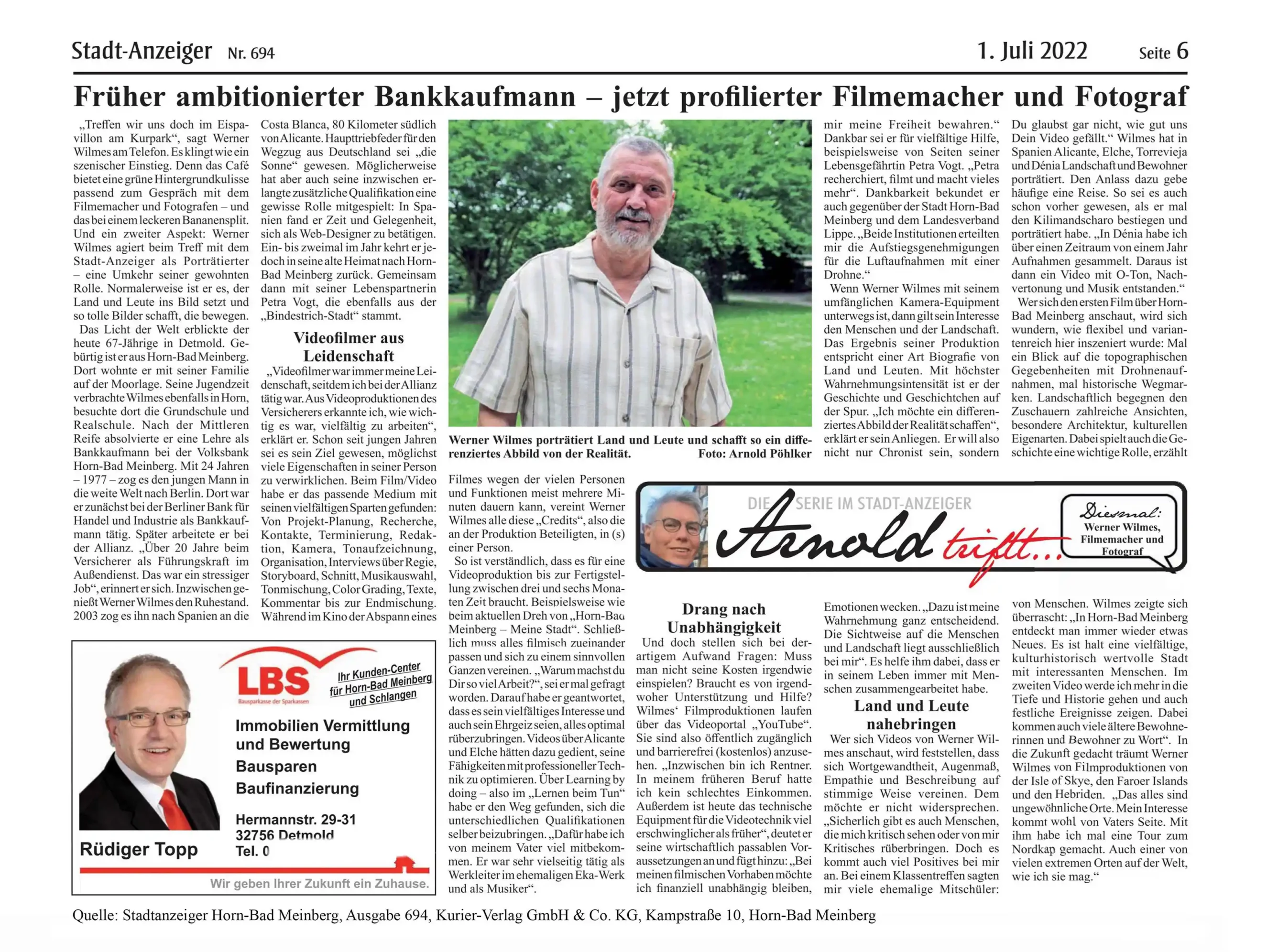 Stadtanzeiger Zeitungsartikel Portrait Werner Wilmes