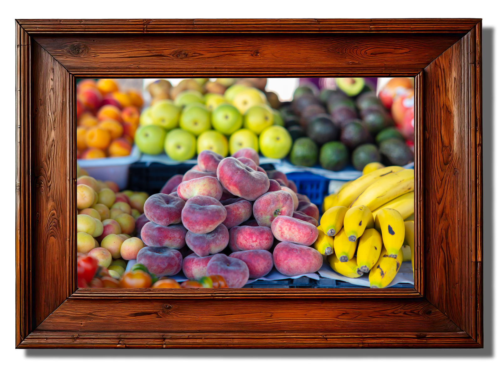 Titelbild Wochenmarkt, Früchte am Marktstand mit Holzrahmen